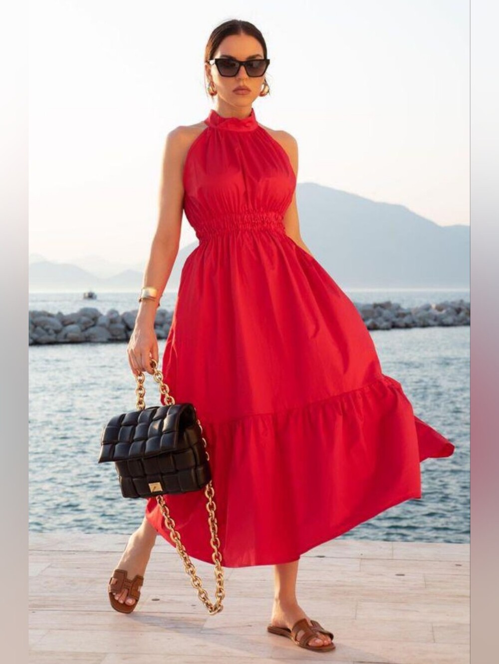 Monica Nera Harper Halter Midi Cherry Red Sleeveess $422 Dress NWT
